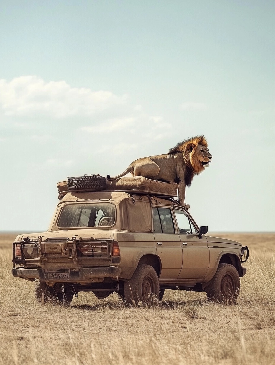 Desert Cruise: Man, Lion & Classic Cadillac Adventure