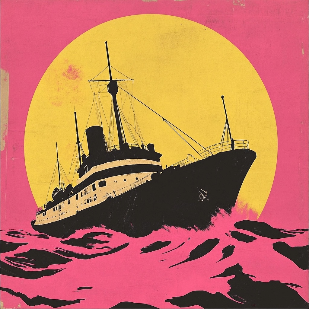 Vintage Ship in Pink Sea: Bauhaus Theatre Poster