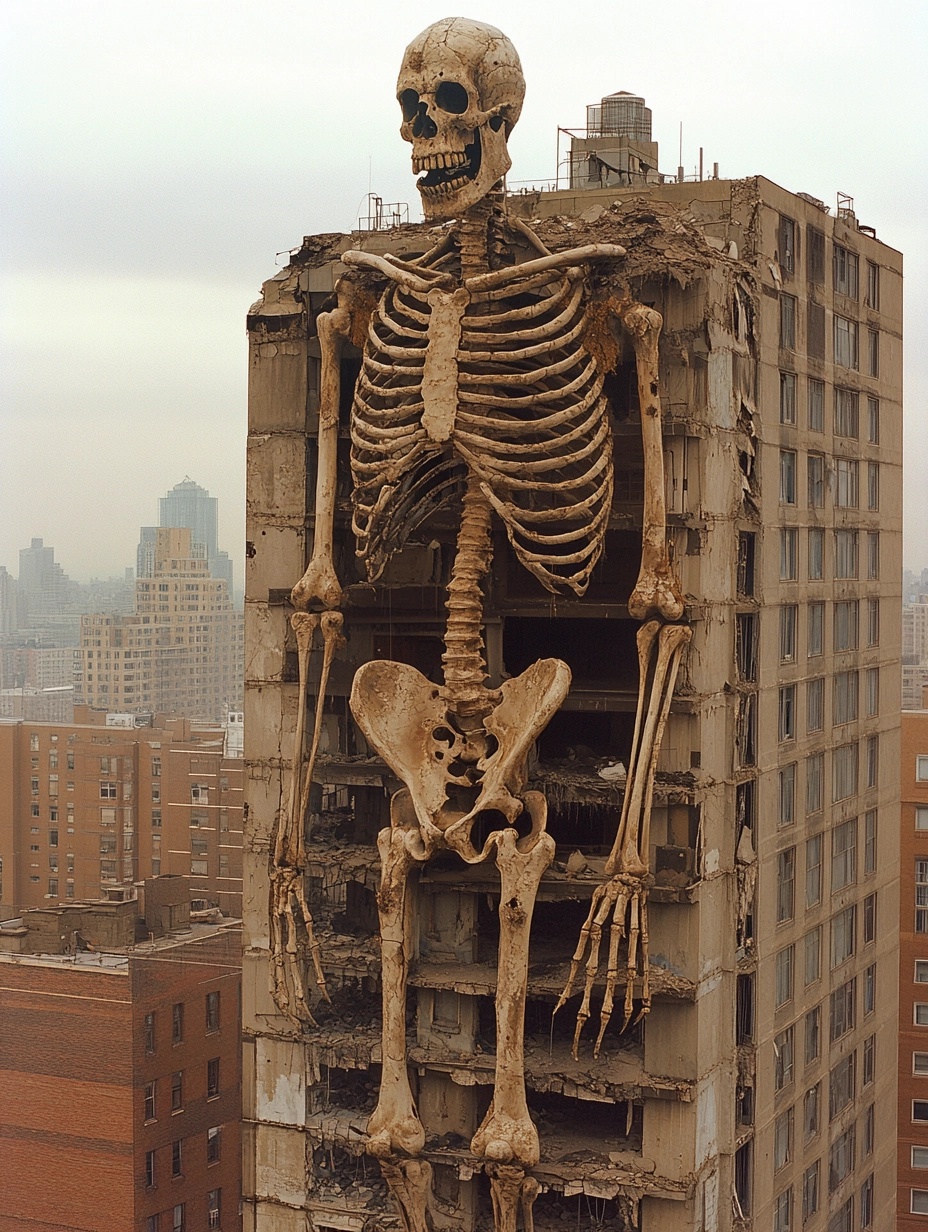 Urban Fantasy: Giant Skeleton on Abandoned Skyscraper