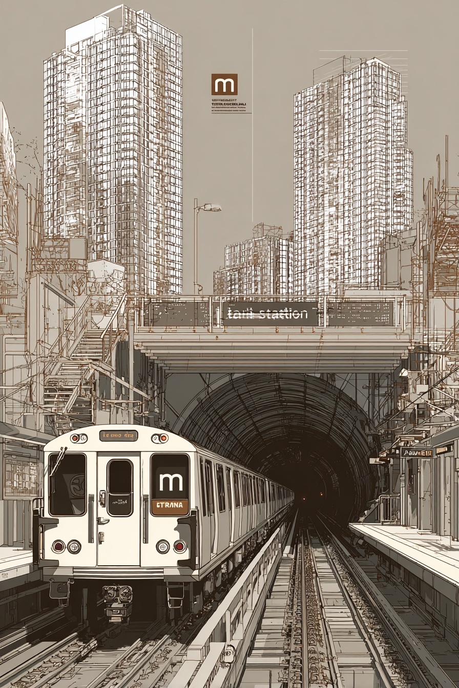 Vintage M Train Sketch with City Skyline