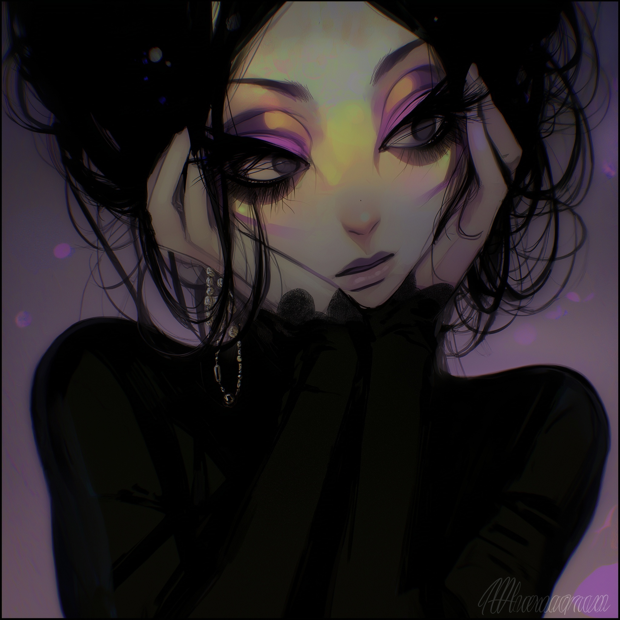 Bored Woman in Anime Style: Wide Angle View