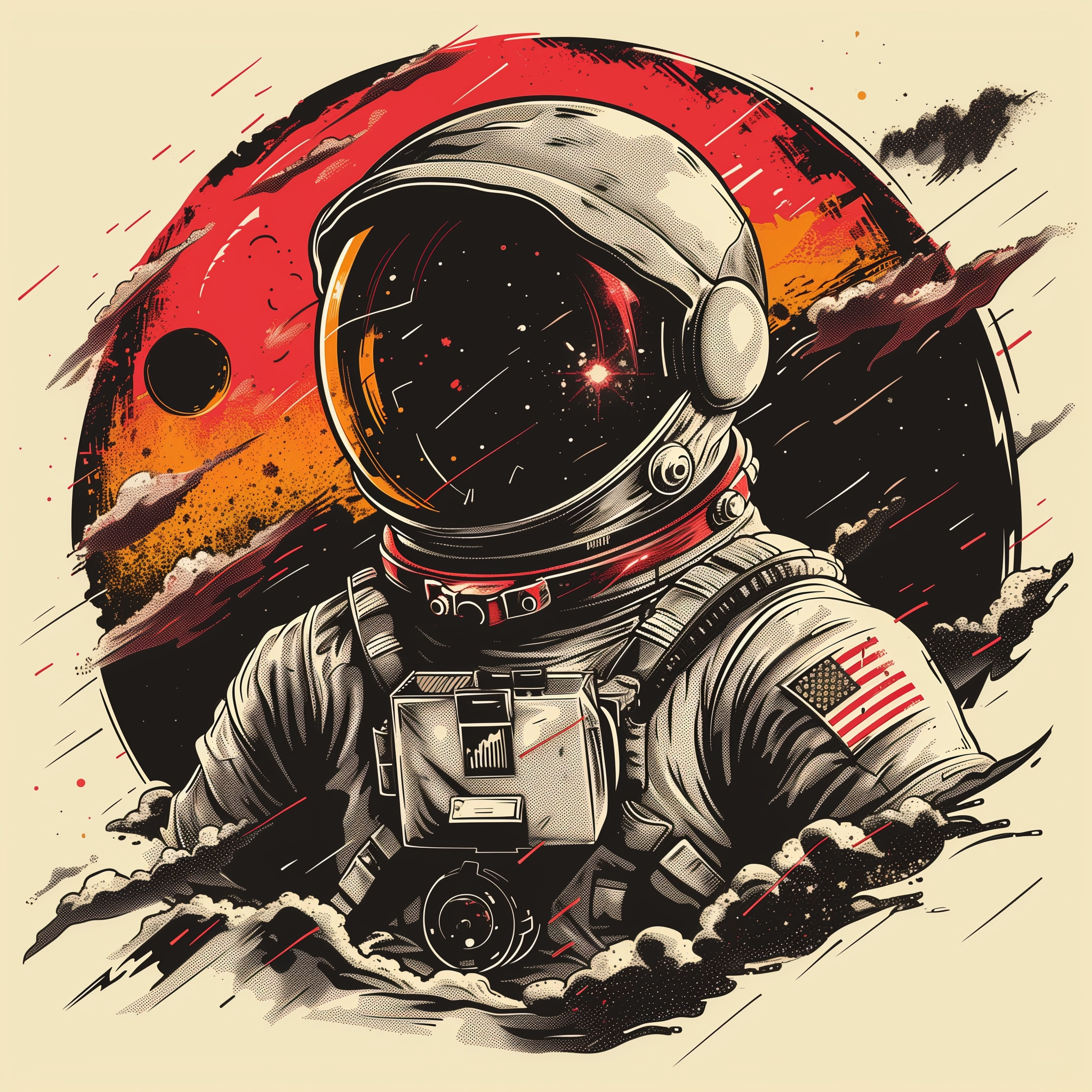 Astronaut Chromolithographic T-shirt Design with Circular Background