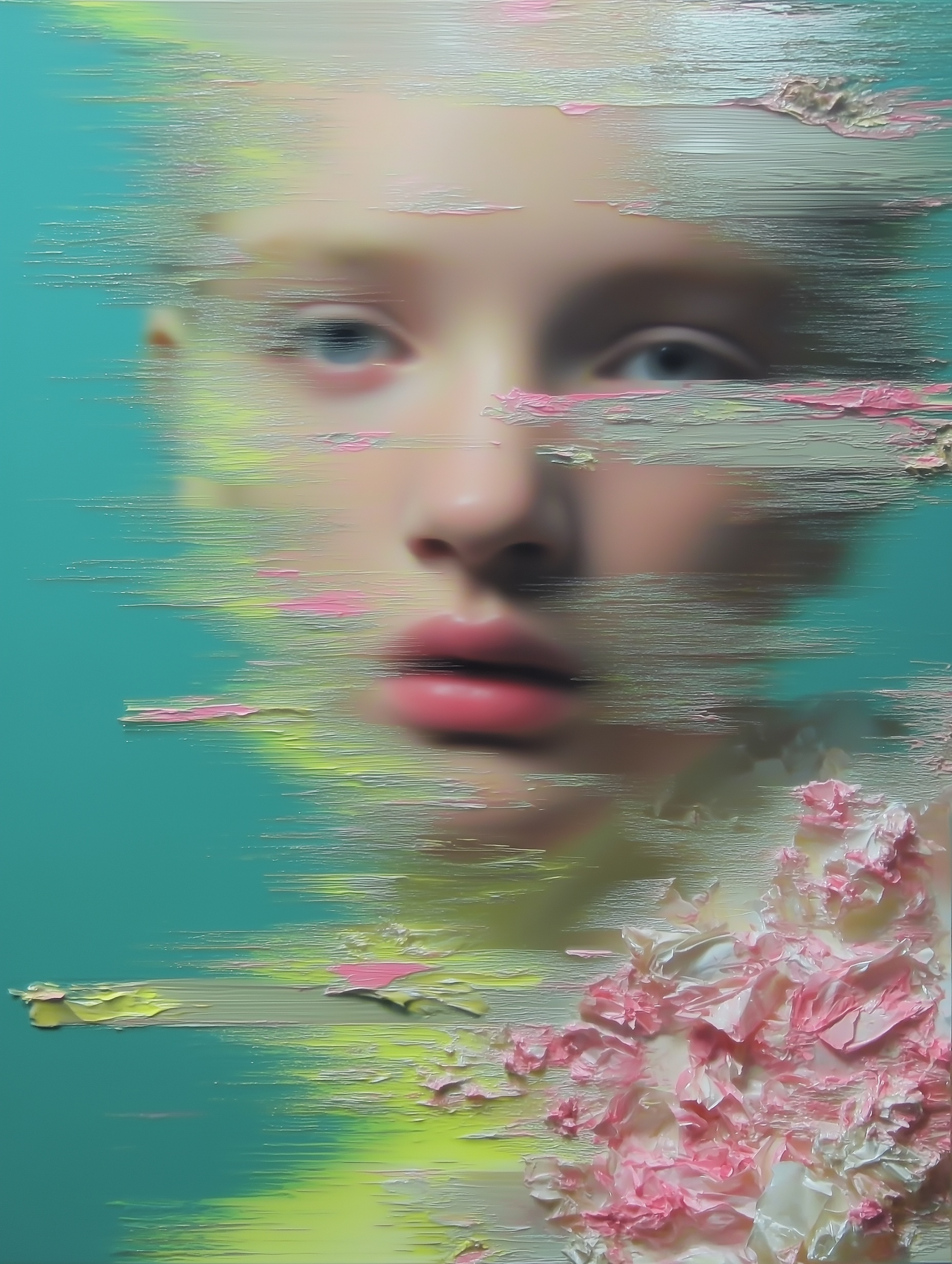 Reflective Neon Portrait of a Silver-Haired Girl