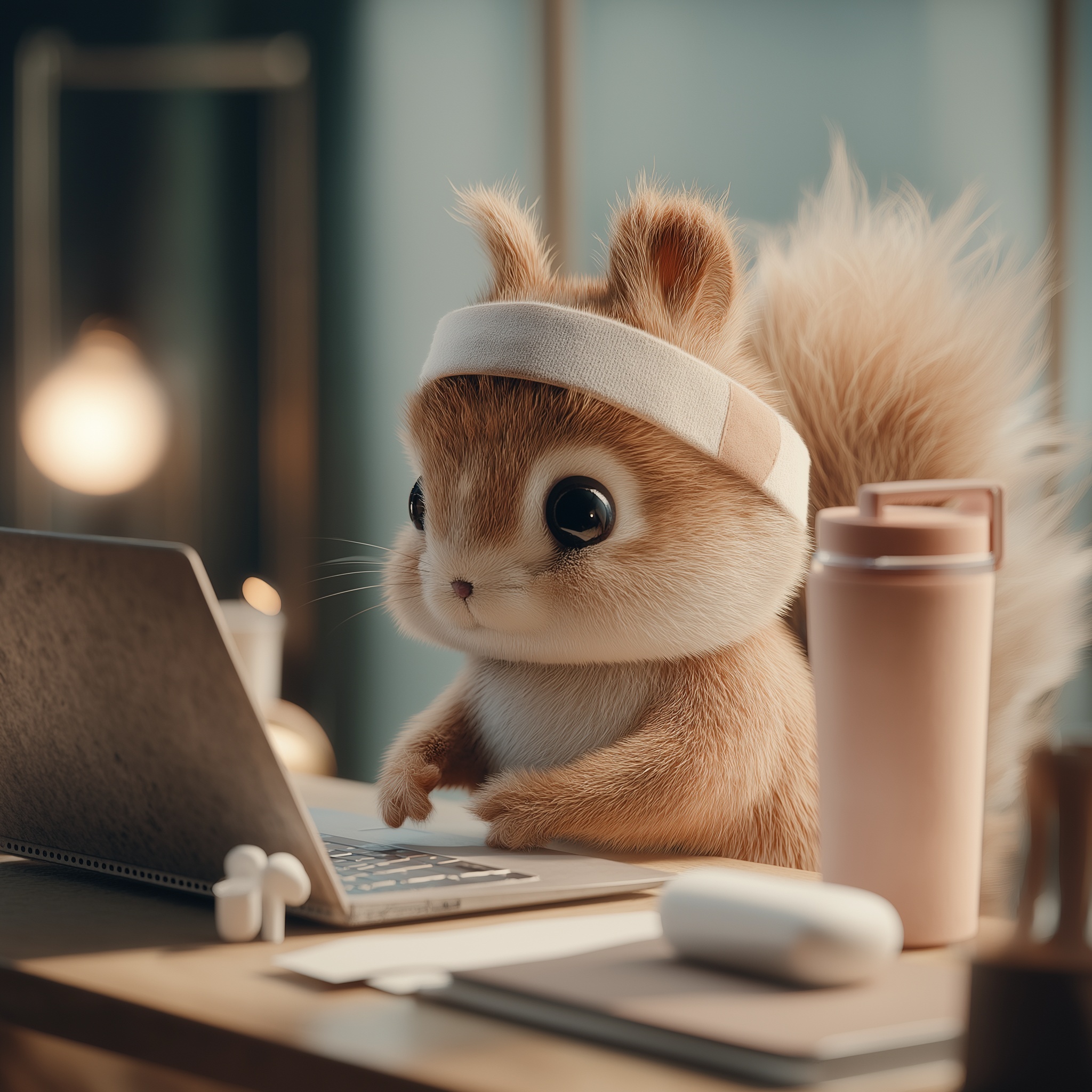 Focused Squirrel at Modern Desk: A Study in Determination