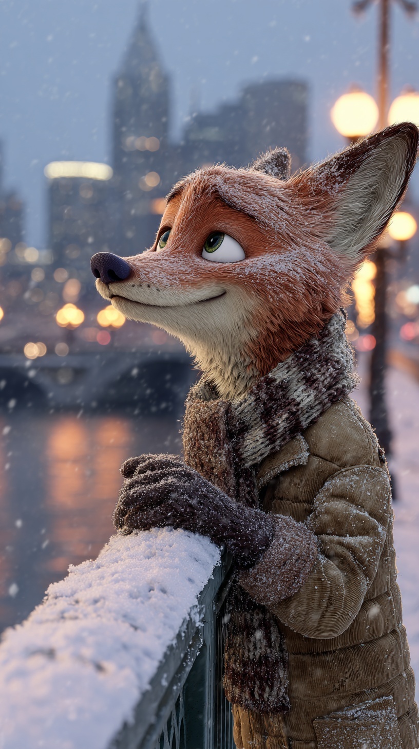 Winter Magic: Nick Wilde in a Snowy Cityscape