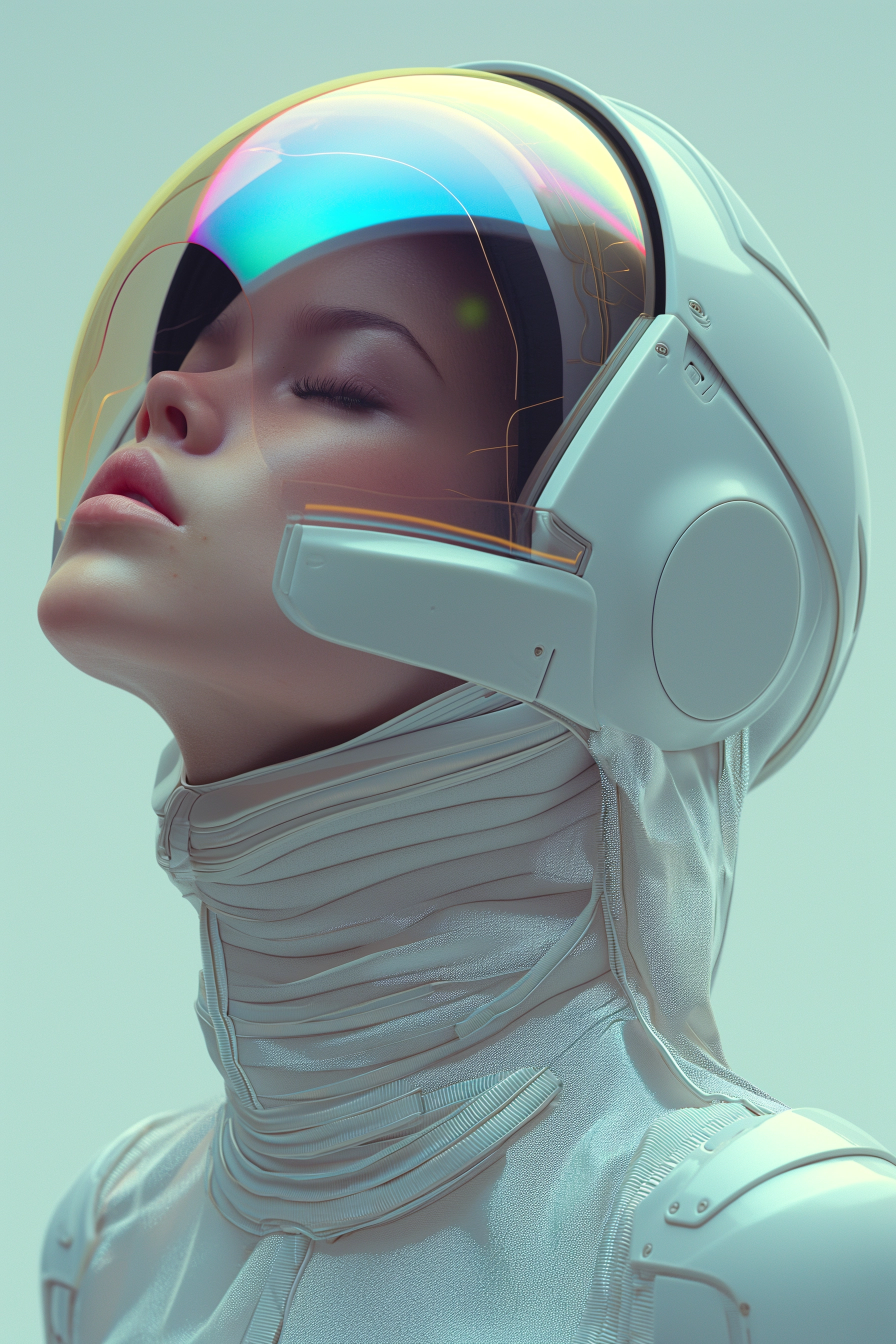 Futuristic Robot Woman: Realistic 3D Headshot with Ethereal Light Effects