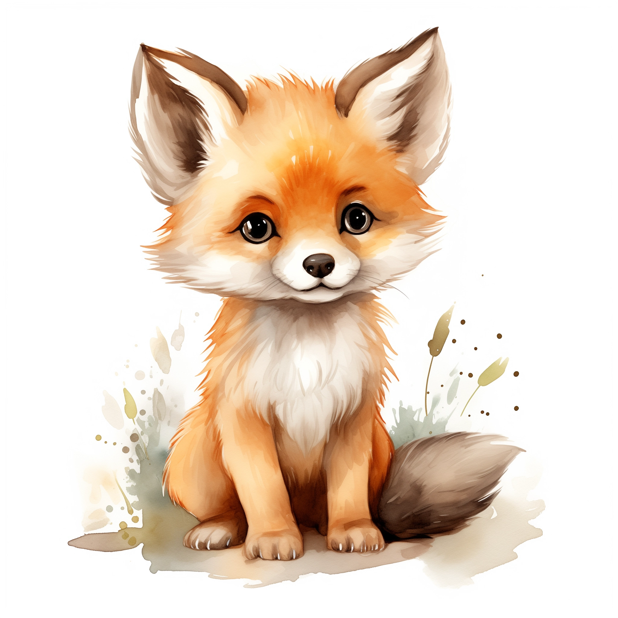 Adorable Baby Fox in Cartoon Watercolor Style - No Background