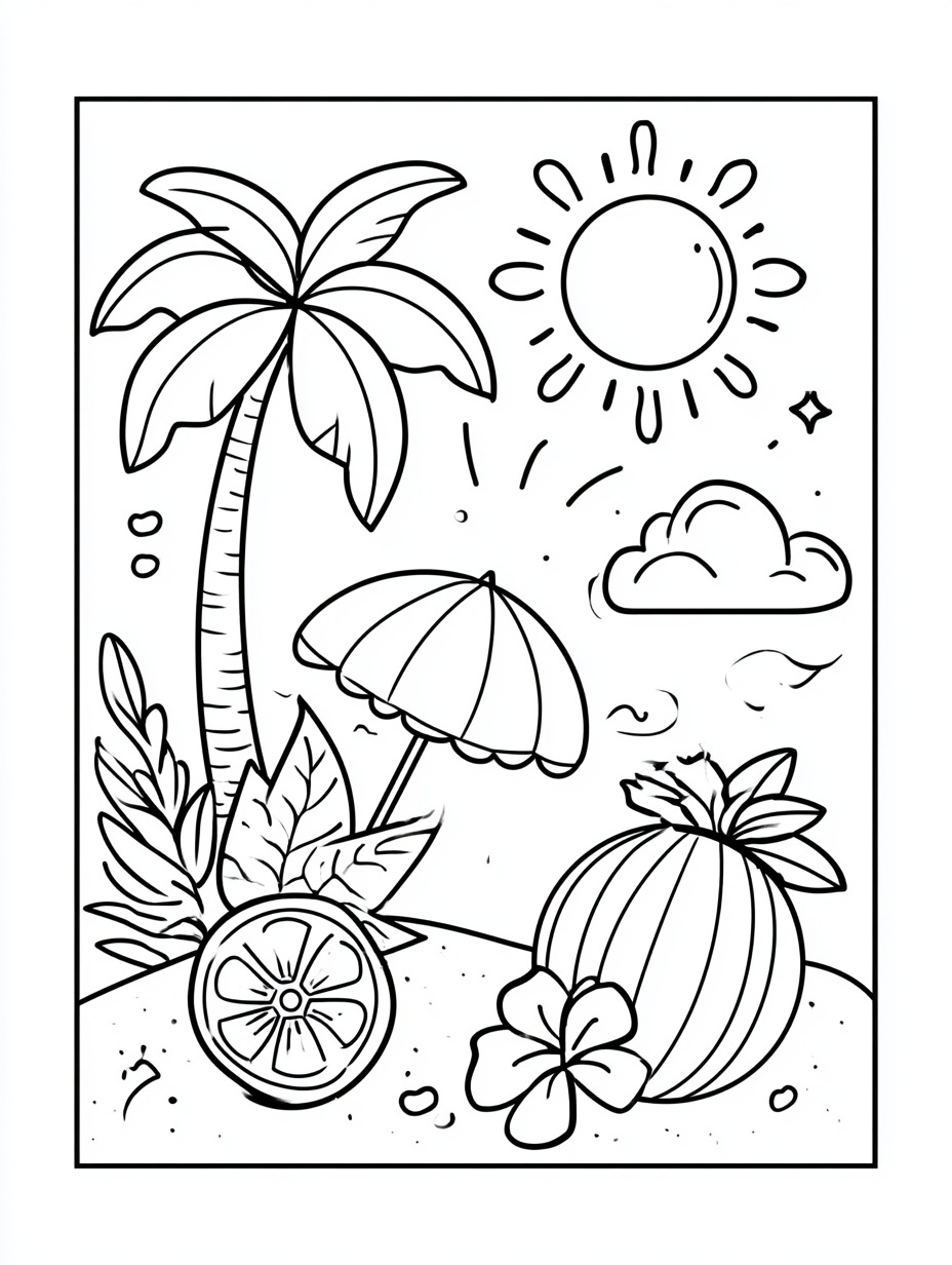 Kawaii Summer Beach Coloring Page - A4 Format