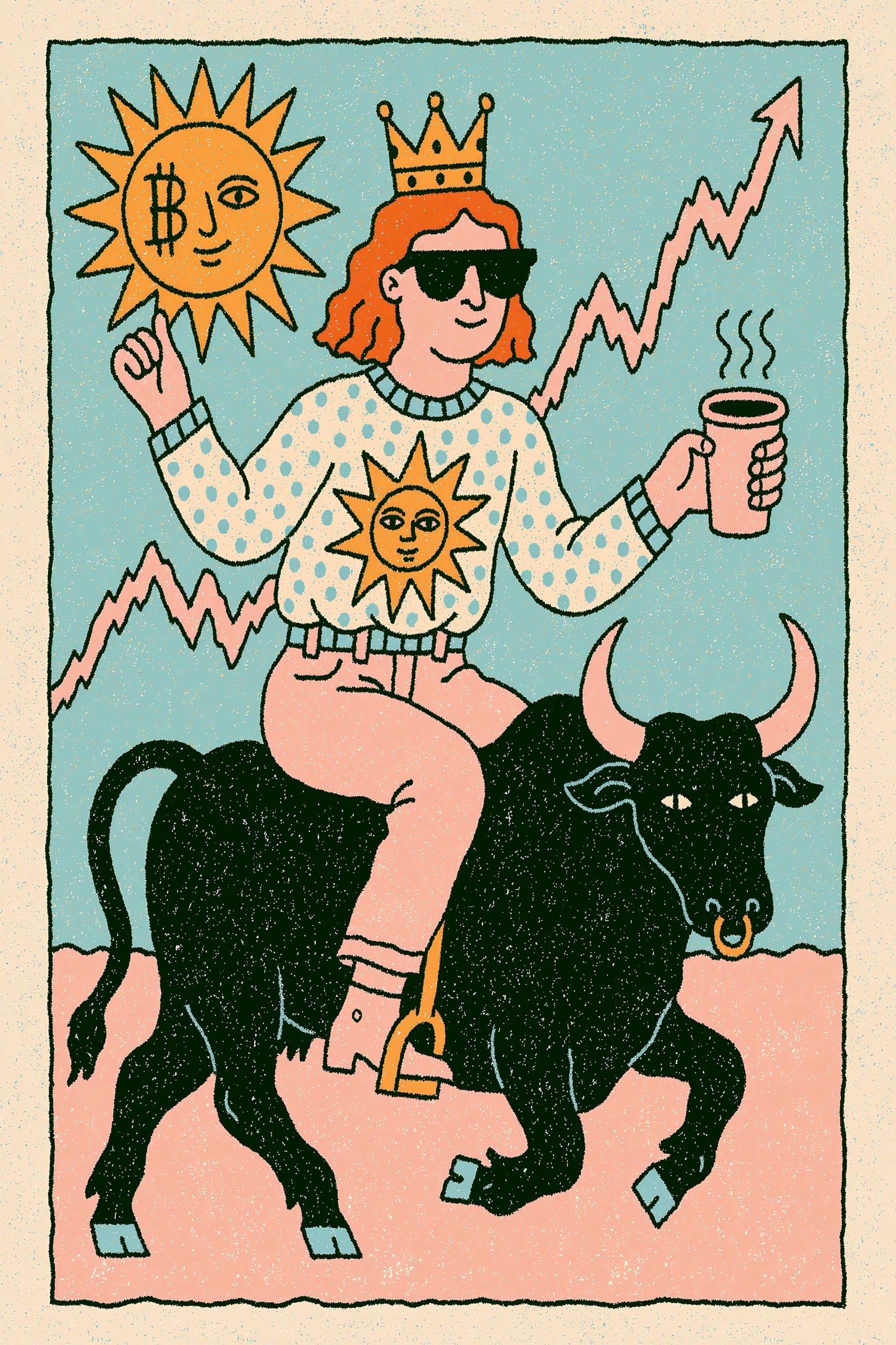 Red-Haired King Sips Coffee on a Bull