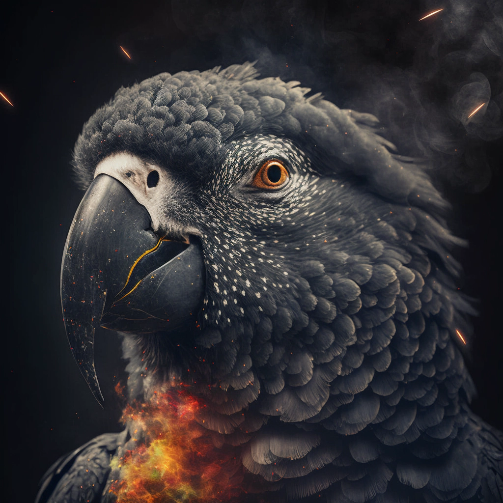 Hyper-Realistic Black Parrot Portrait in Ashes and Fire