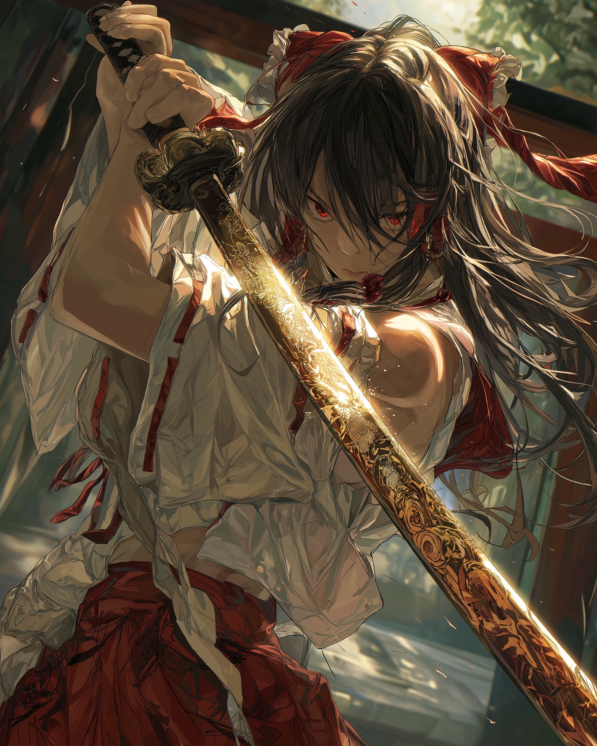 Vibrant Anime Shrine Maiden Portrait with Katana
