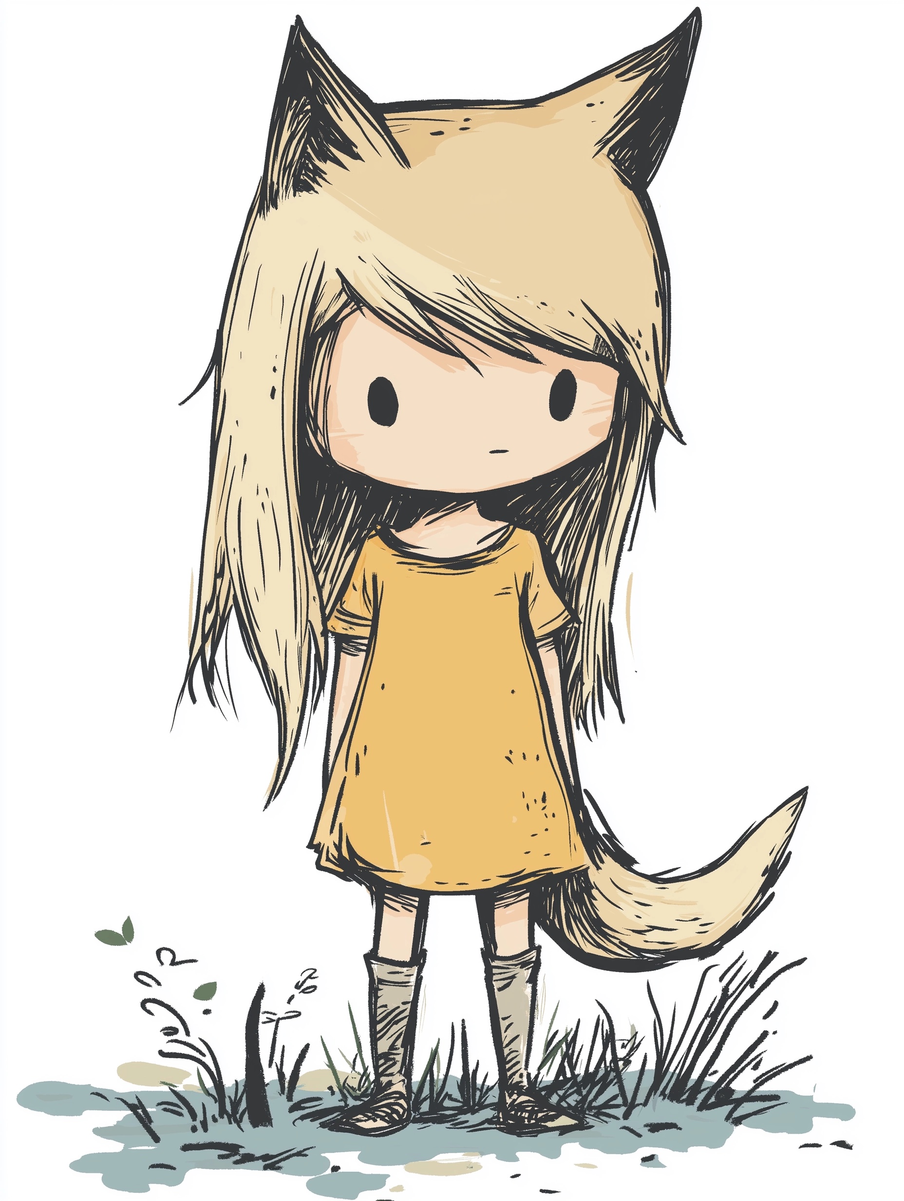 Whimsical Stick Figure Wolf-Girl Art