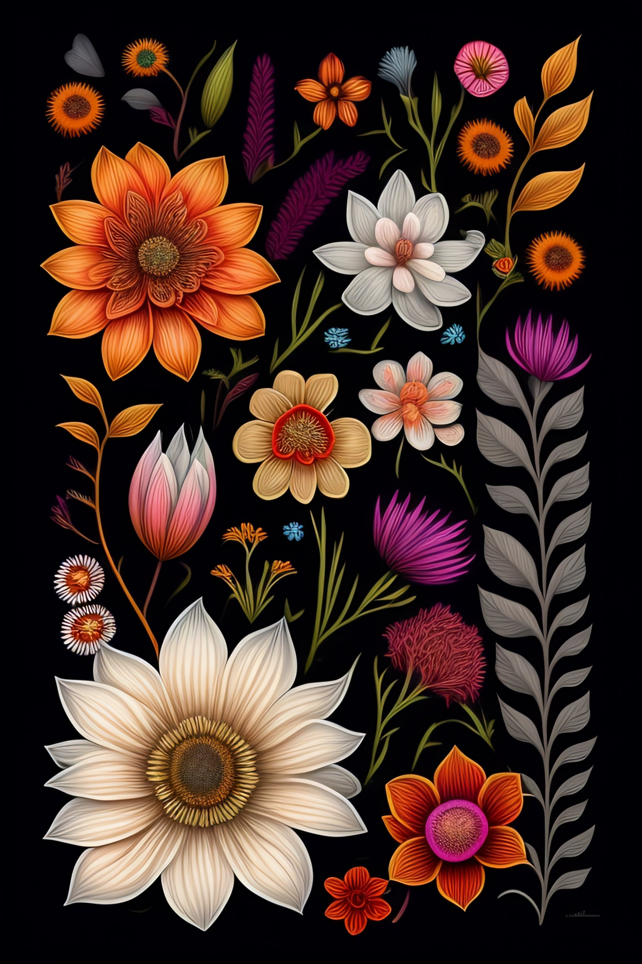 Colorful Wildflower Illustrations on Pale Black Paper