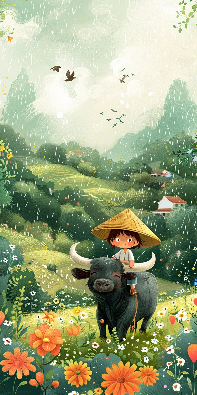 Colorful Rainy Day: Asian Boy and Buffalo in Chinese Style