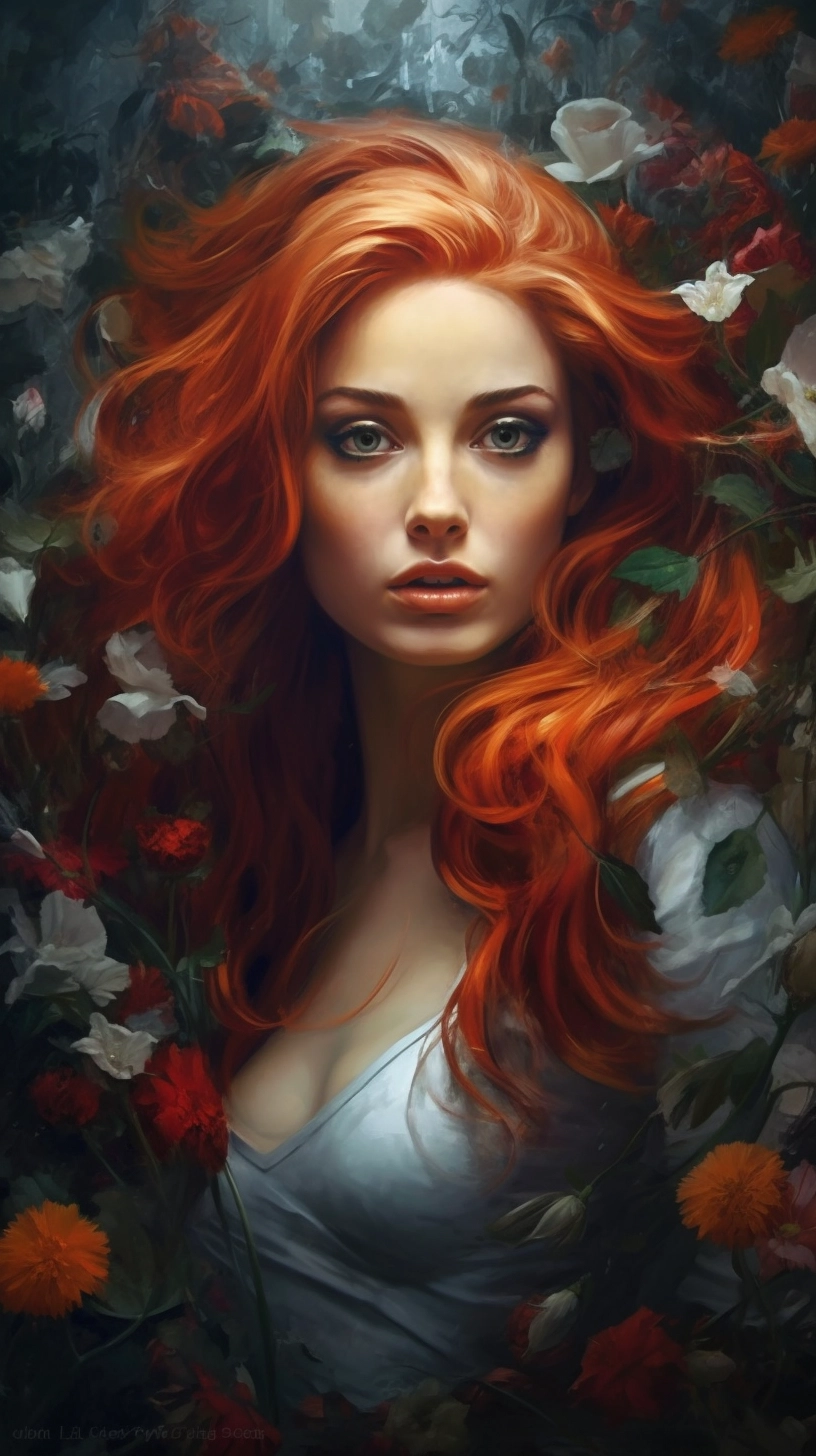 Red-haired Woman in Dreamlike Floral Surroundings