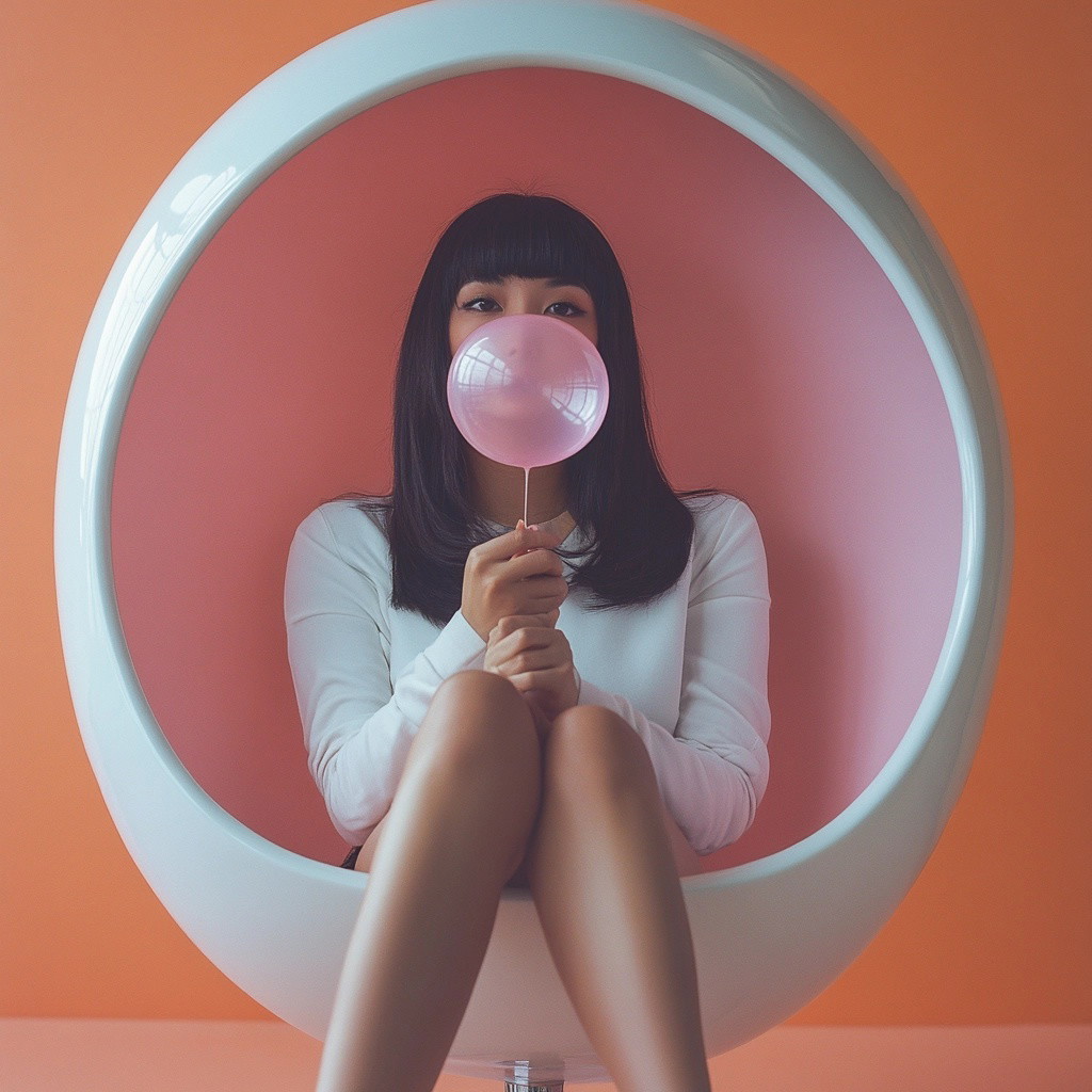 Chic Asian Woman in Egg Chair with Bubble Gum