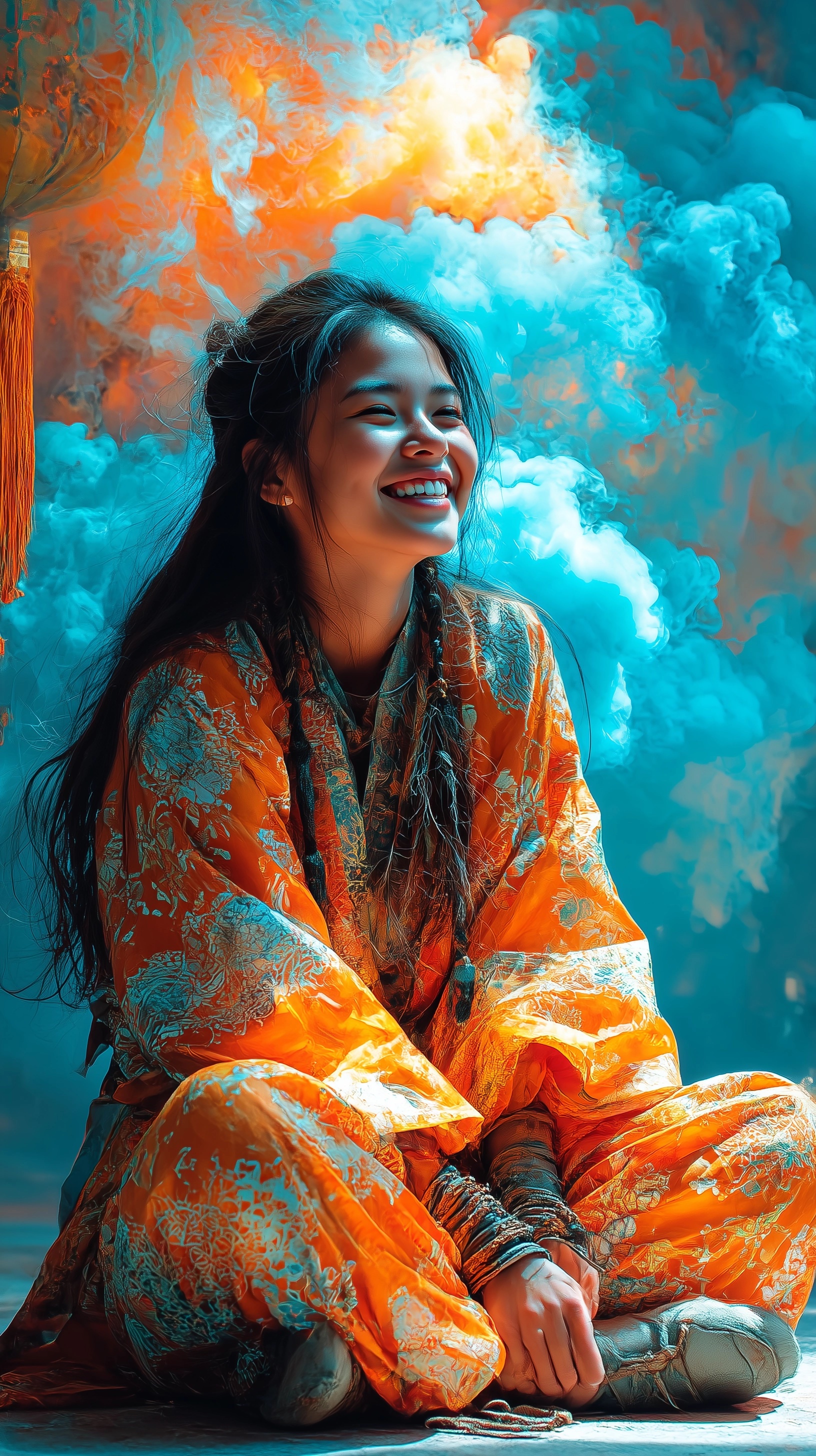 Enchanting Asian Teen in Vibrant Orange Kimono