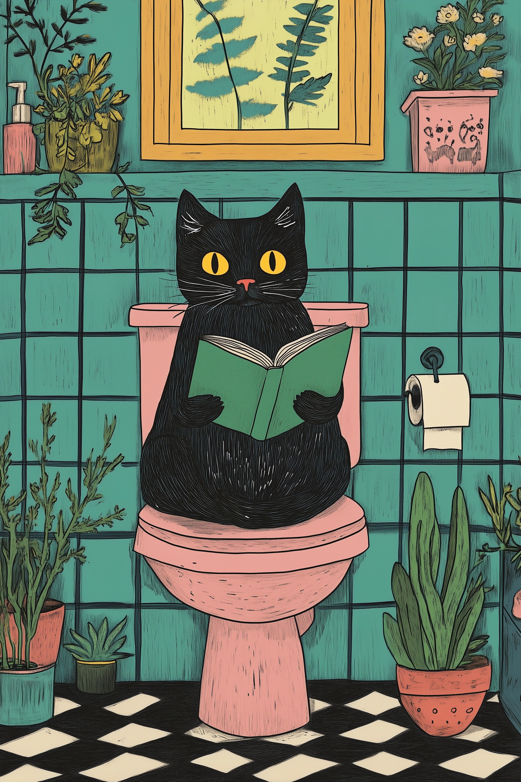 Whimsical Cat Reads in Retro Bathroom Charm