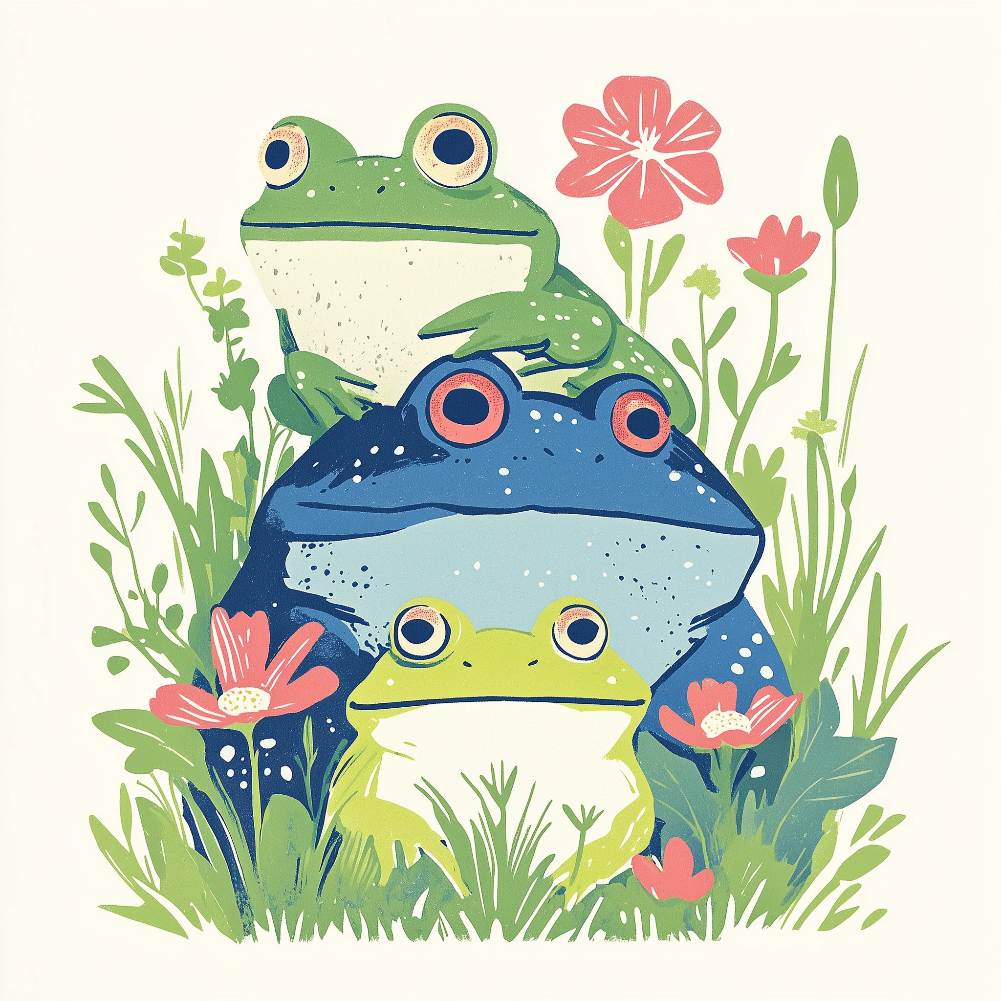 Charming Linocut Art of Adorable Frogs