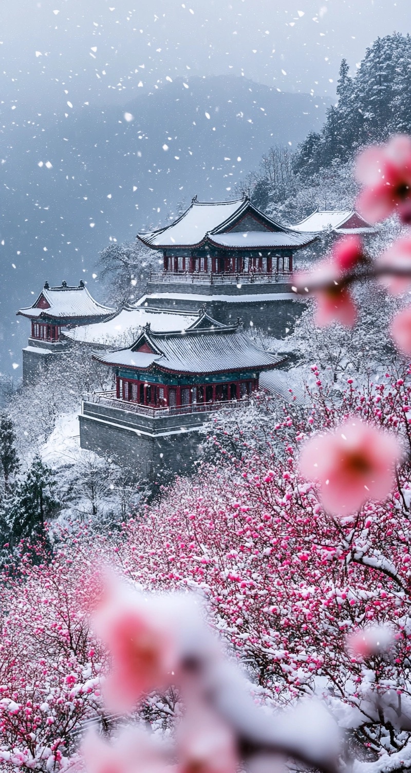 Serene Snow & Blossoms: Laopingshan's Beauty