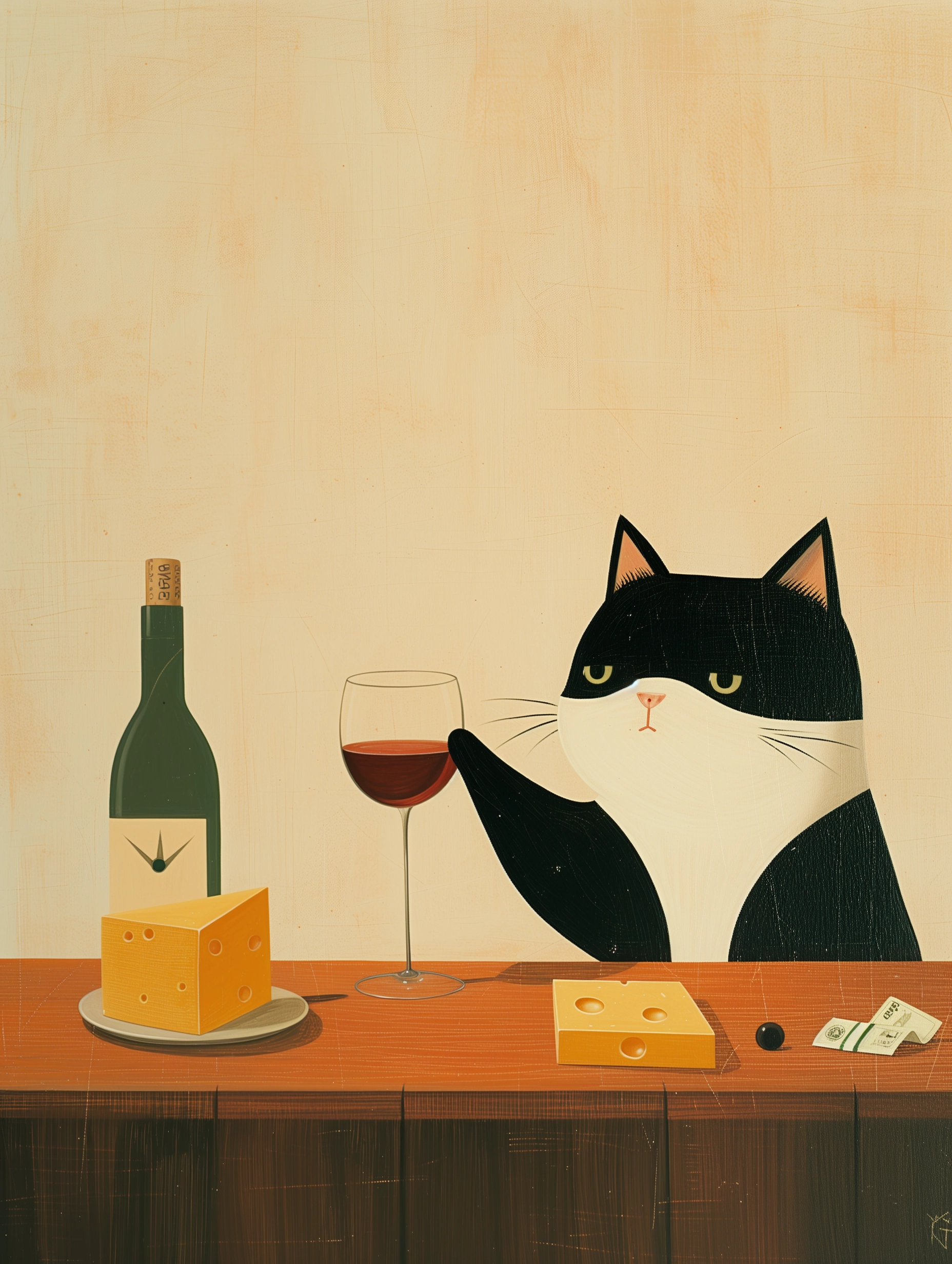 Elegant Cat and Wine: Detailed Brushstrokes by Ryo Takemasa