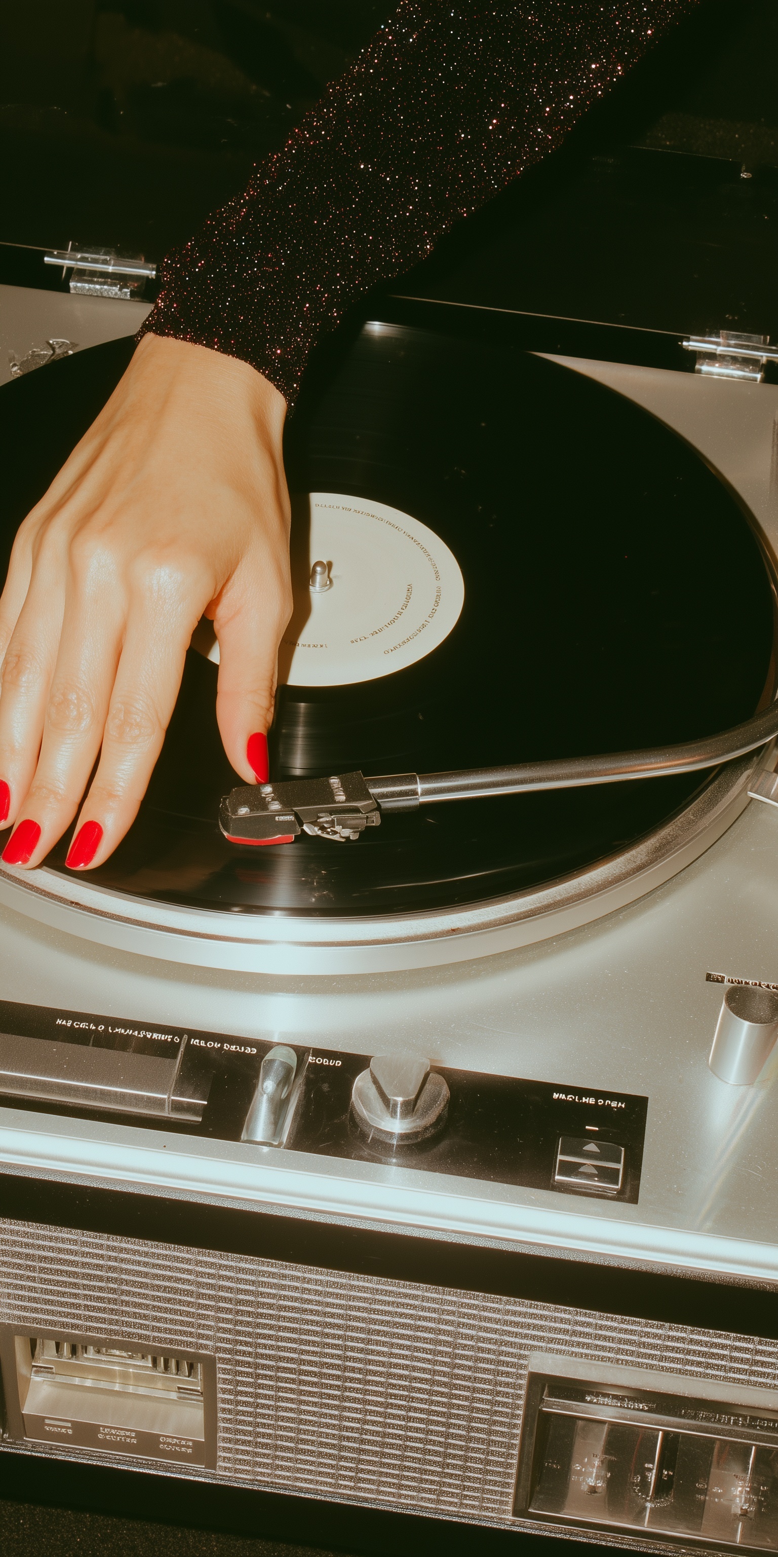 Vintage Woman with Red Nails & 70s Turntable
