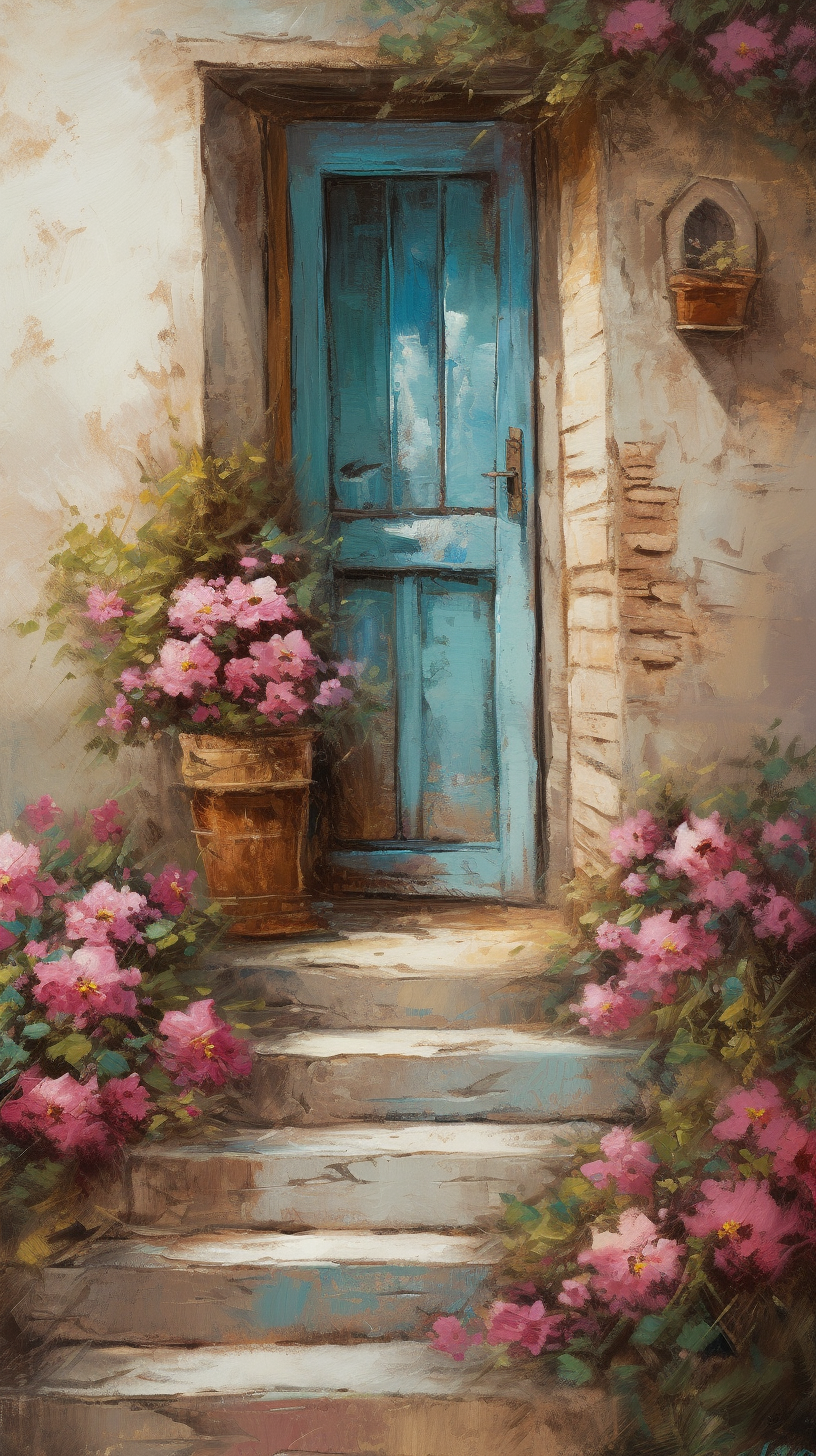 Vibrant Itasca Canvas Print: Blue Door & Pink Roses