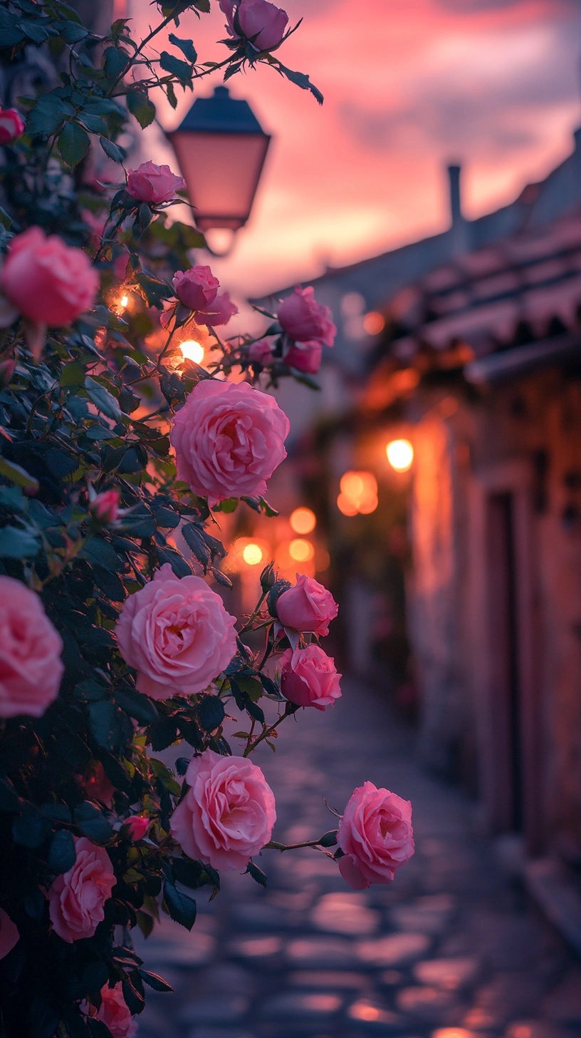 Twilight Beauty: Pink Roses & Charming Tile Houses