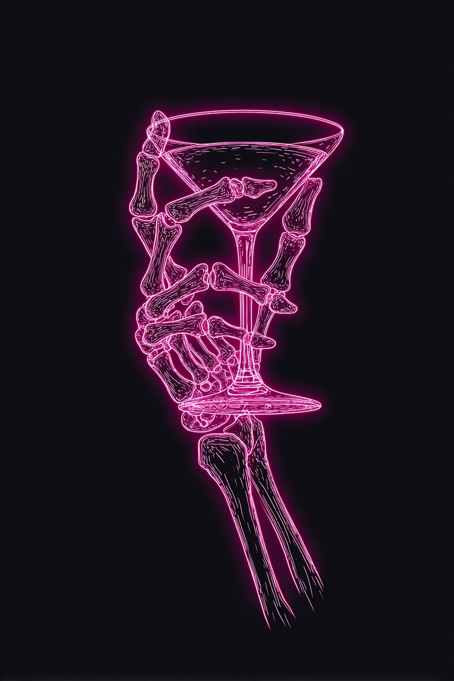 Elegant Neon Skeleton Hand Cocktail Art