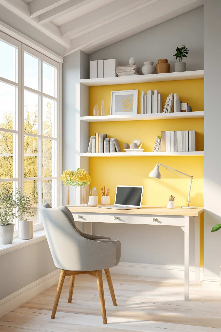 Yellow Home Office: Cottagecore Style with Shelves and Desk