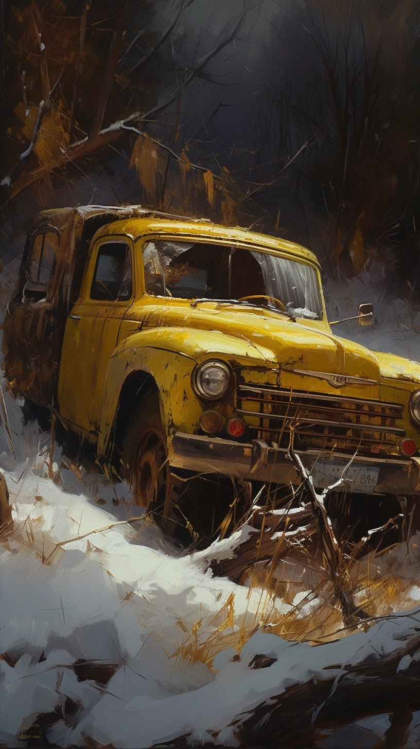 Rustic Winter Scene: Decaying Pickup Truck in Birch Forest