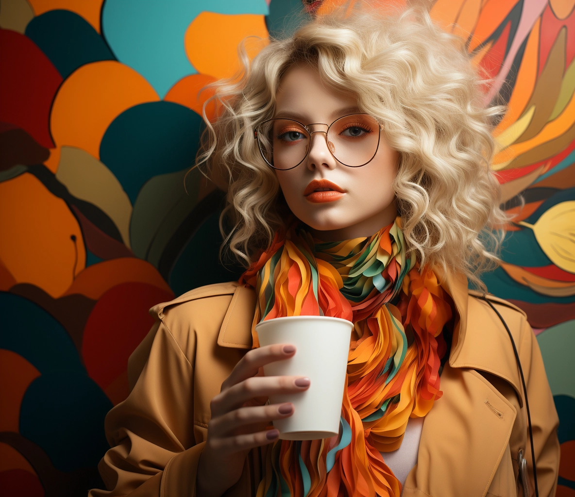 Fall-inspired Barbiecore: Woman enjoying Starbucks coffee surrounded by vibrant leaves