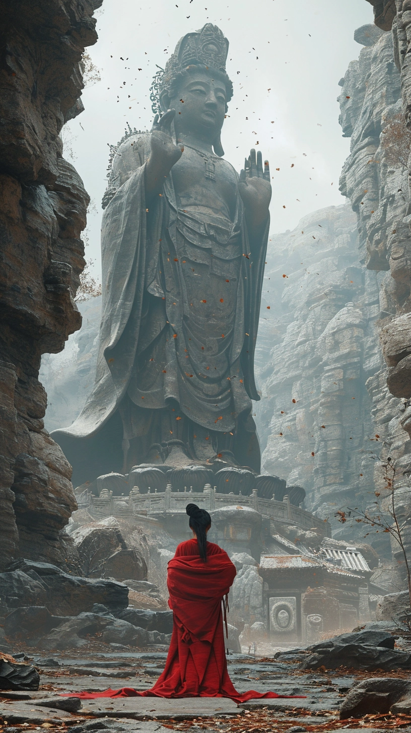 Stunning Cinematic Shot: Bodhisattva & Girl Worshipping in Dramatic Lighting