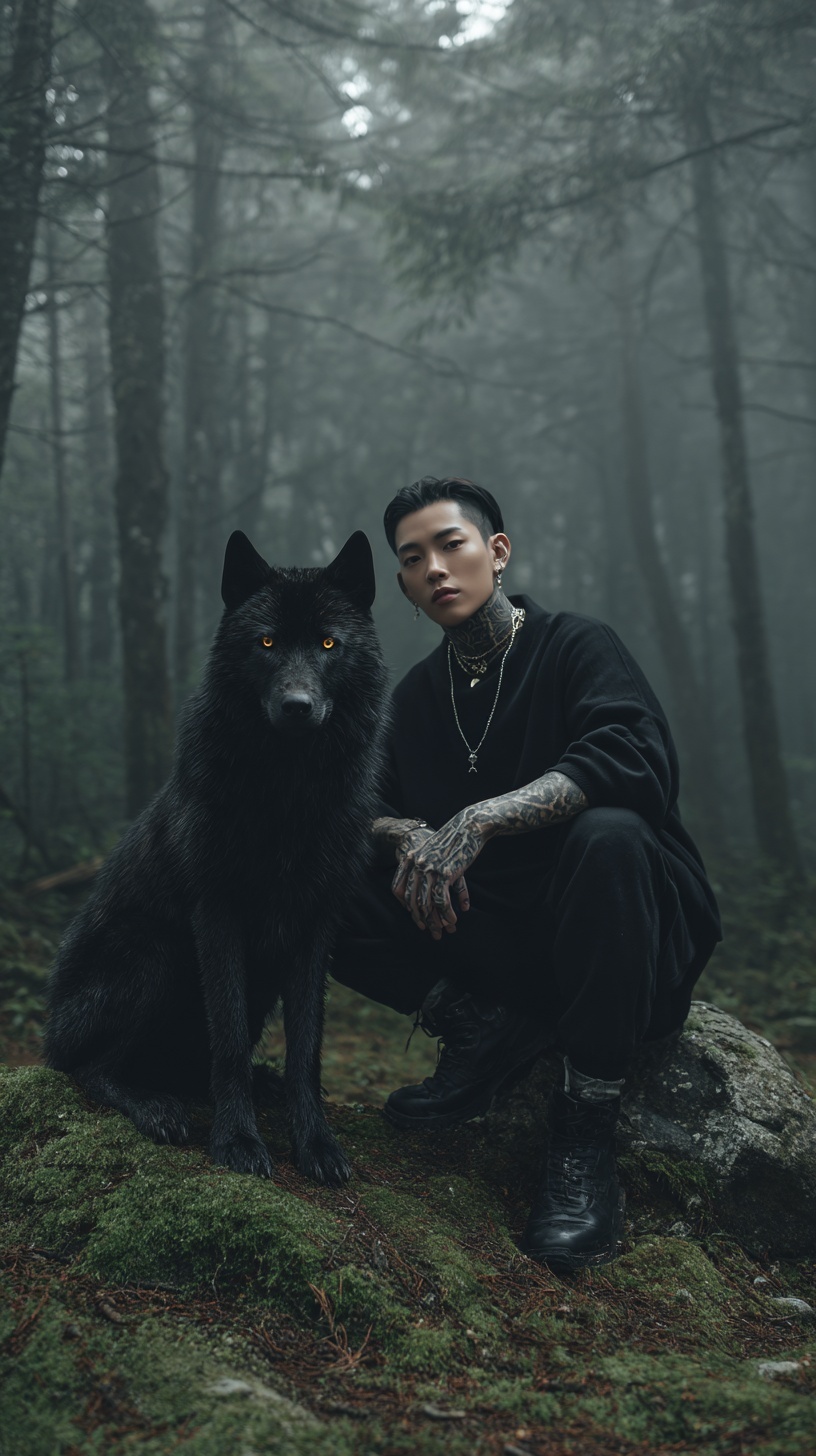 Dark Fantasy: Stylish Man & Wolf in Misty Forest