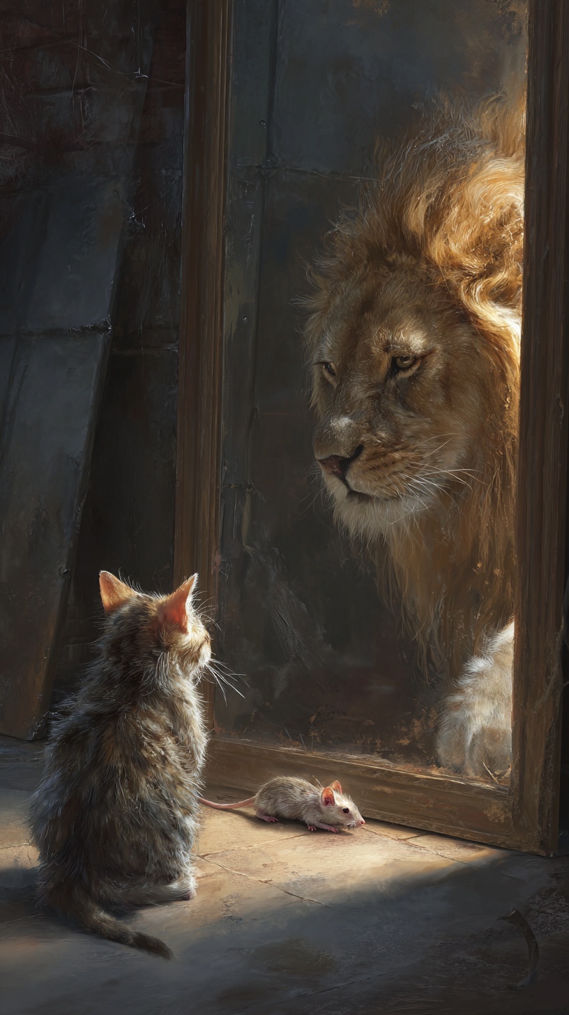 Small Cat's Reflection: A Lion's Inner Strength