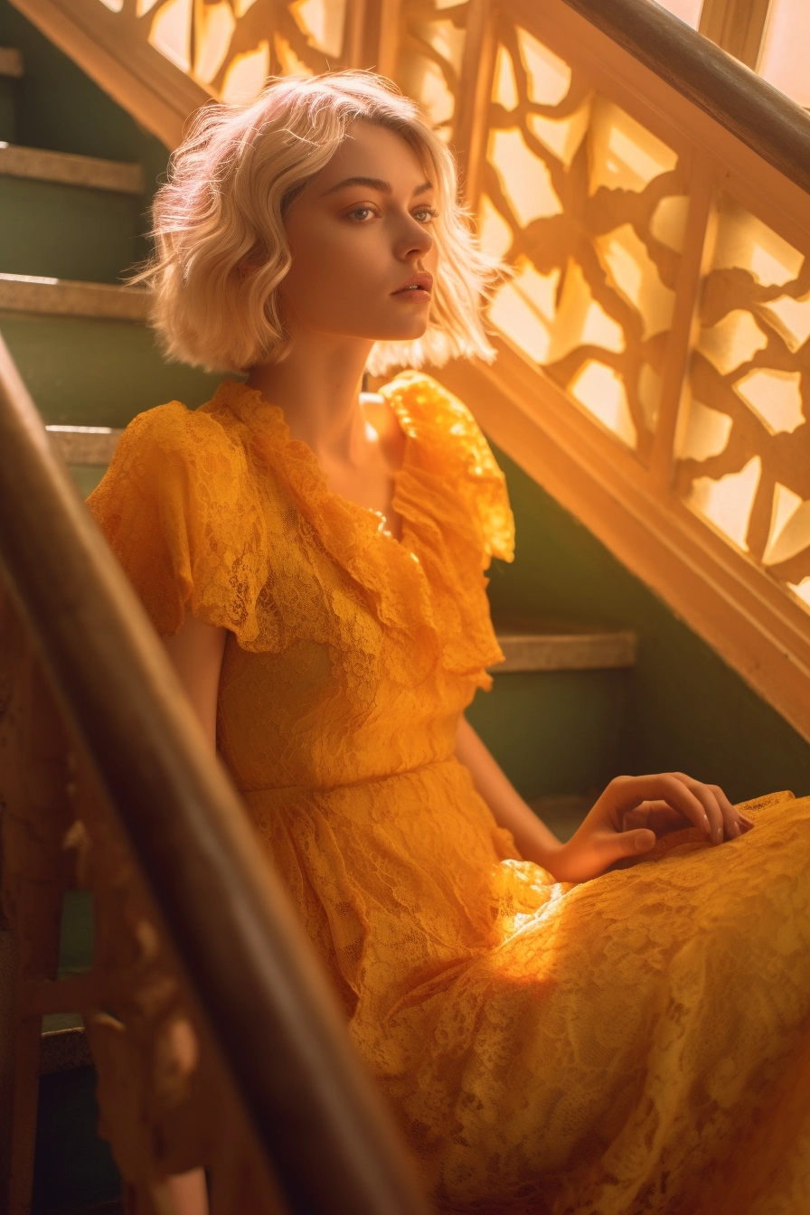 Exquisite Yellow Lace Gown: High-End Photography