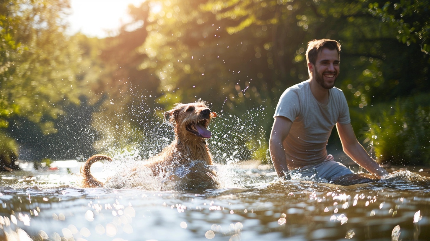 Joyful Moments: Man and Dog Splash in Sunlit River