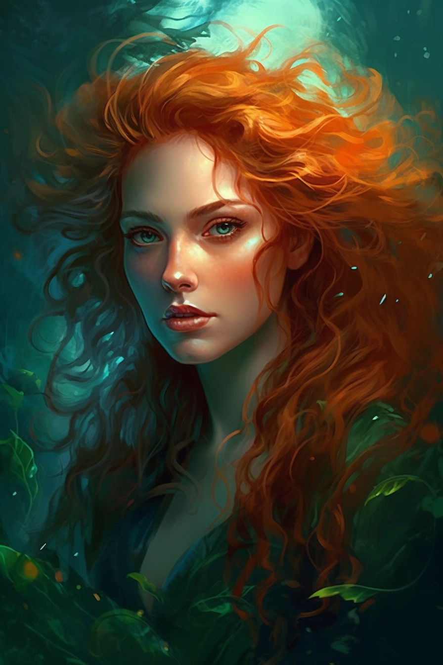 Enchanting Realms: Glowing-Eyed Woman in Emerald & Amber