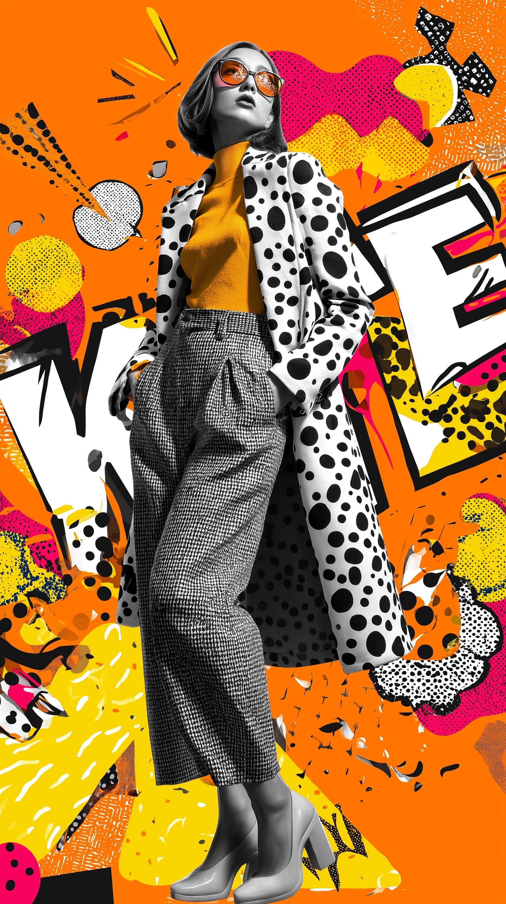 Dynamic Pop-Art Woman in Vibrant Orange