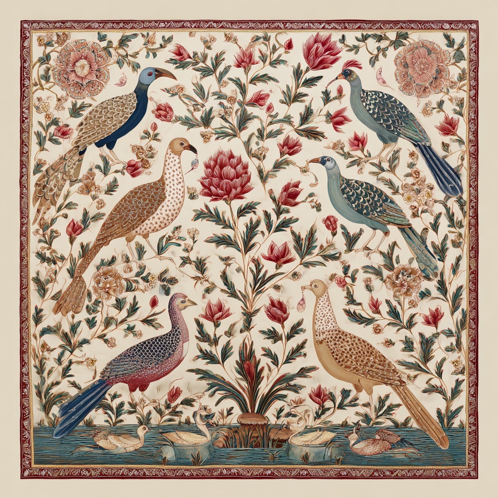 Muted Pichwai Bird Art on Off-White Canvas