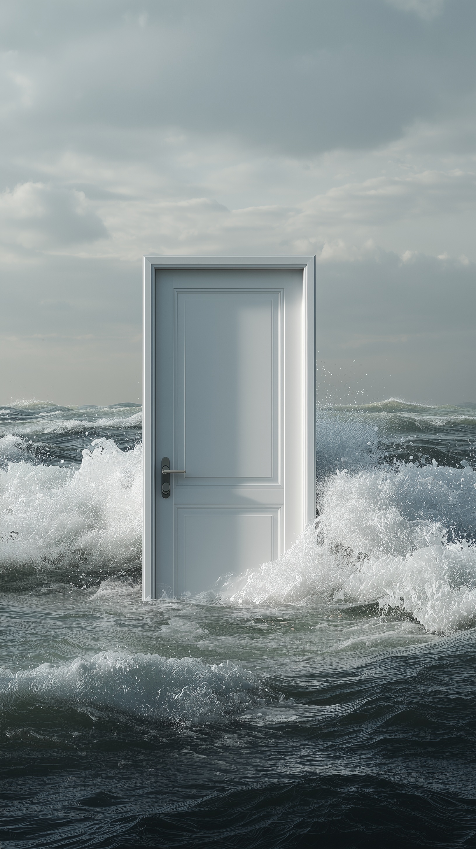 Modern White Door Amidst Rough Sea: A Photorealistic View