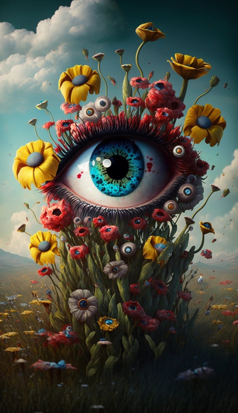 Colorful Surrealist Flowers with Eyes and Mouths