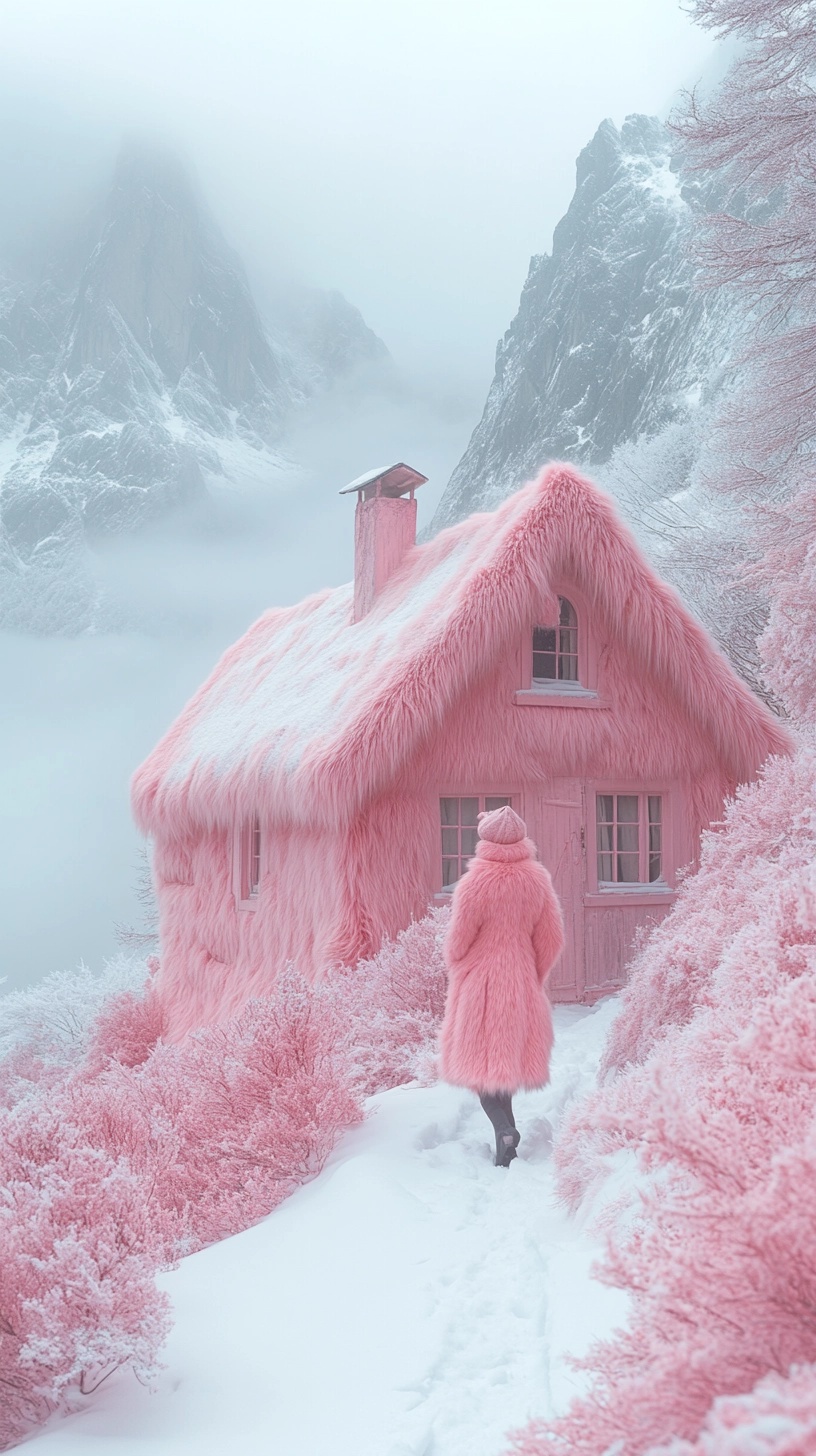 Enchanting Pink Fur Cabin in Snowy Mountains