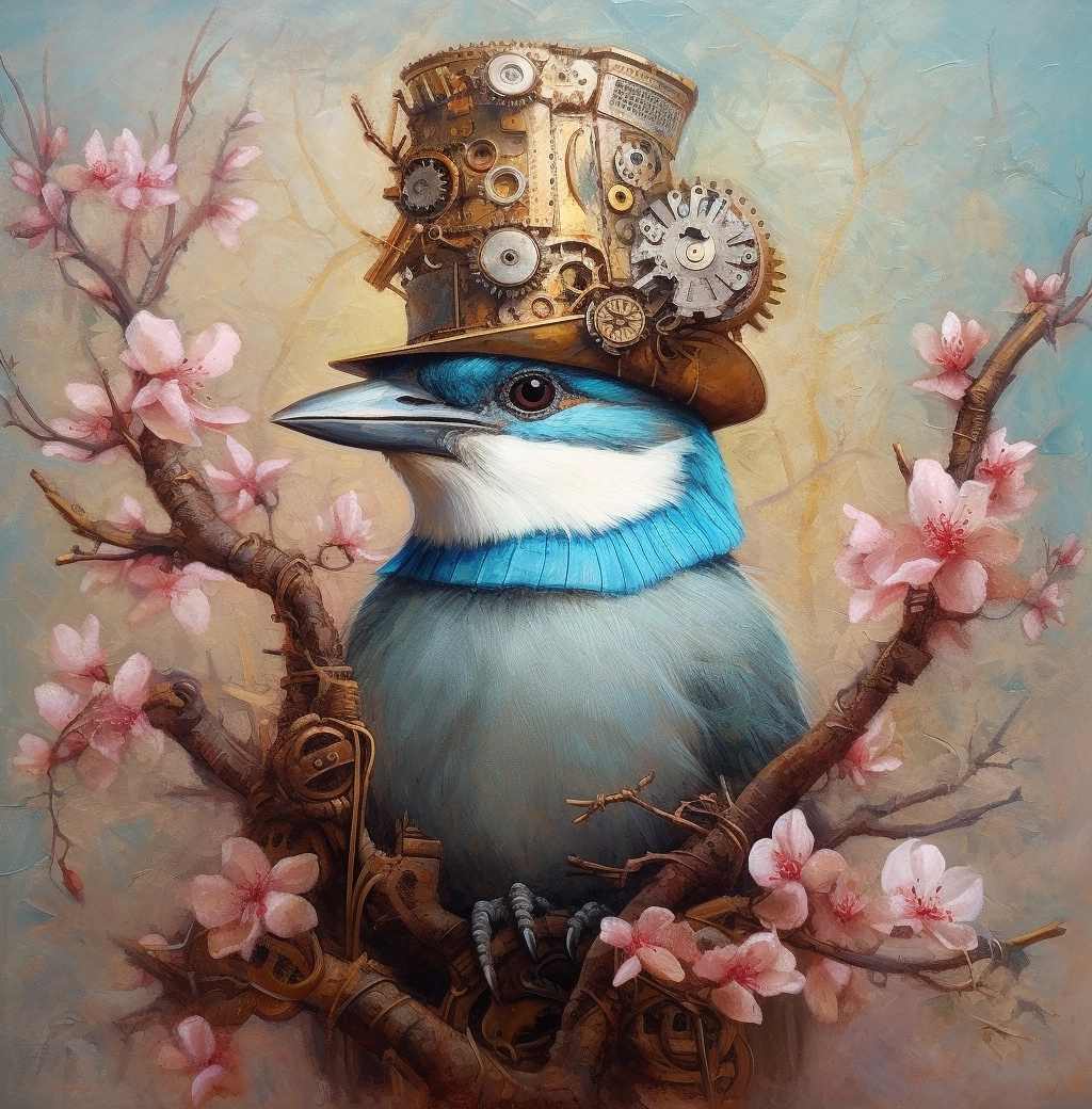 Whimsical Cyborg Bird Painting - Steampunk Style