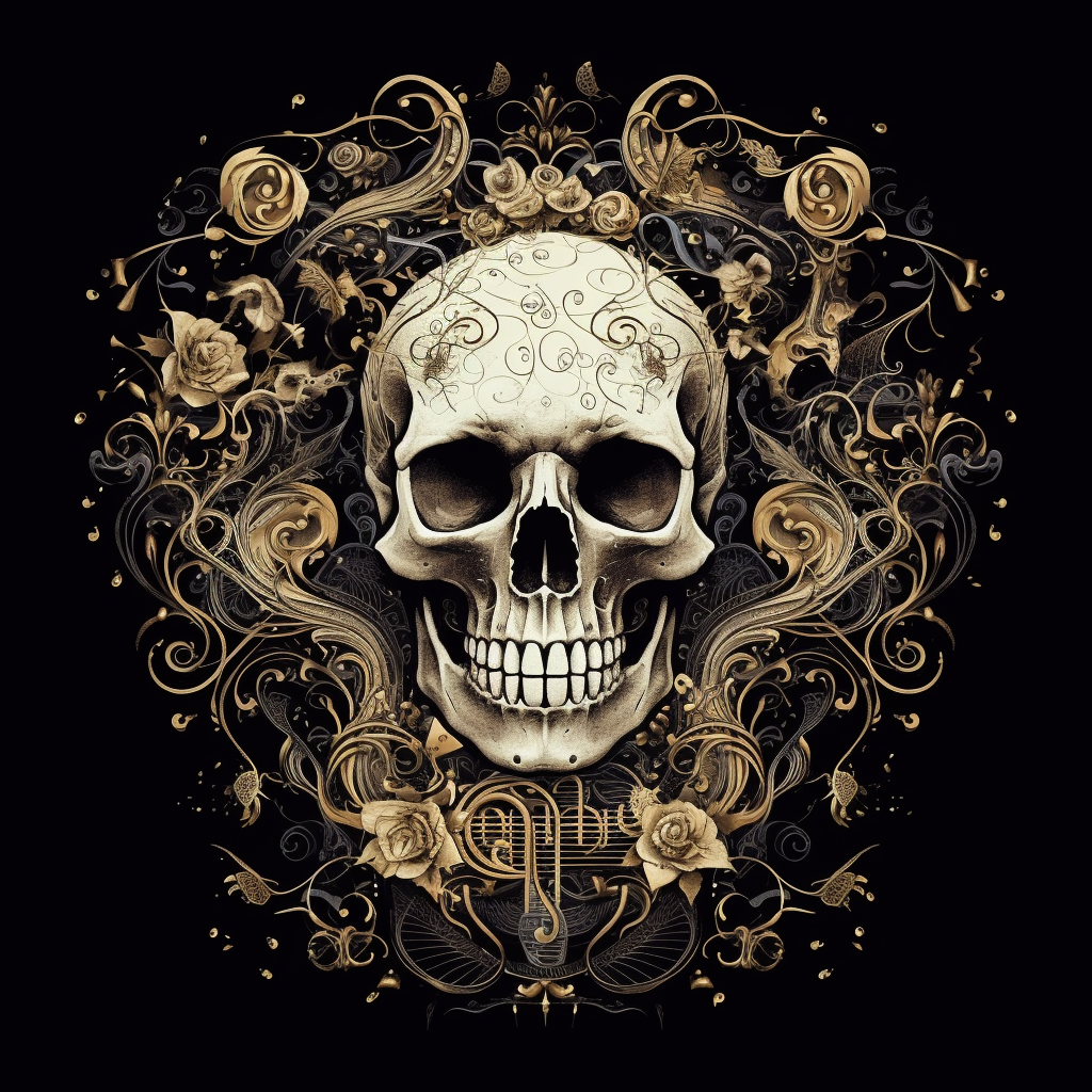 Ornate Skull Surrounded by Musical Notes