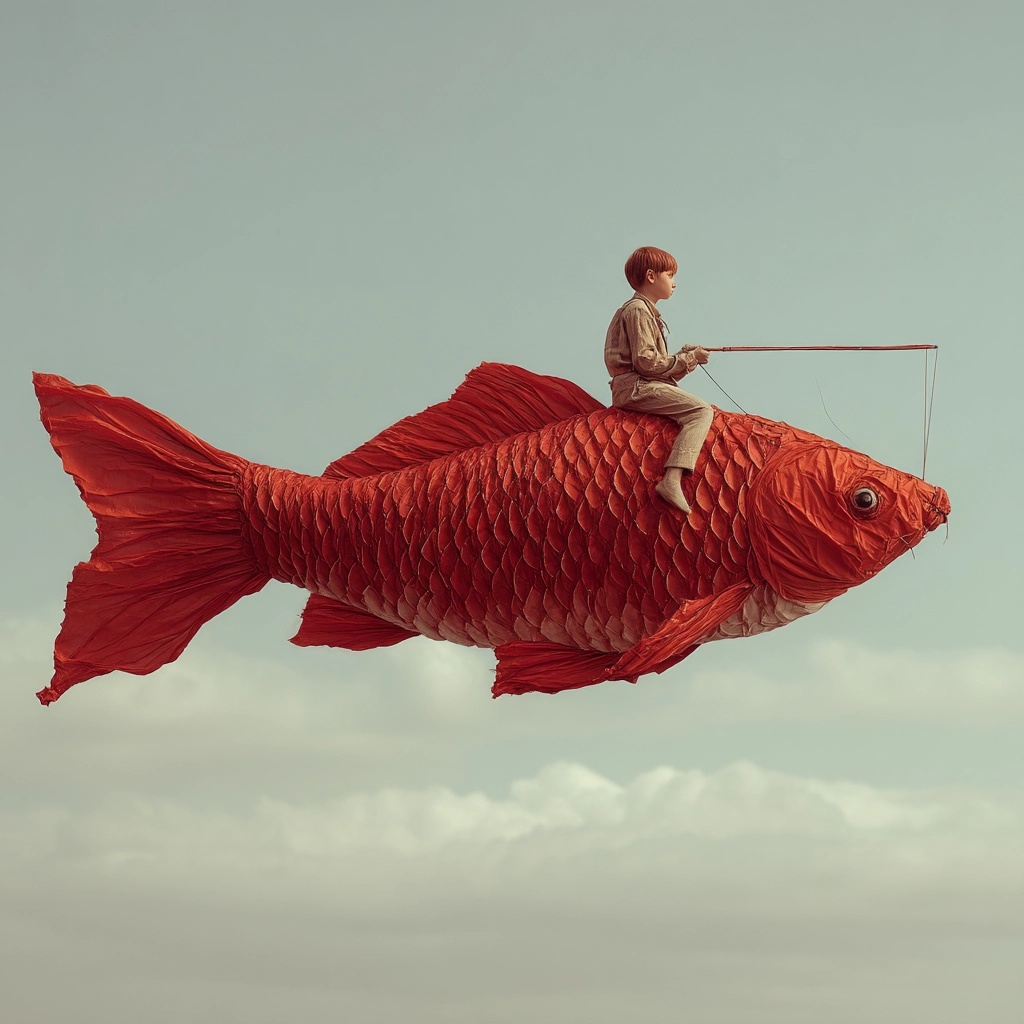 Boy Riding a Vibrant Red Carp Streamer