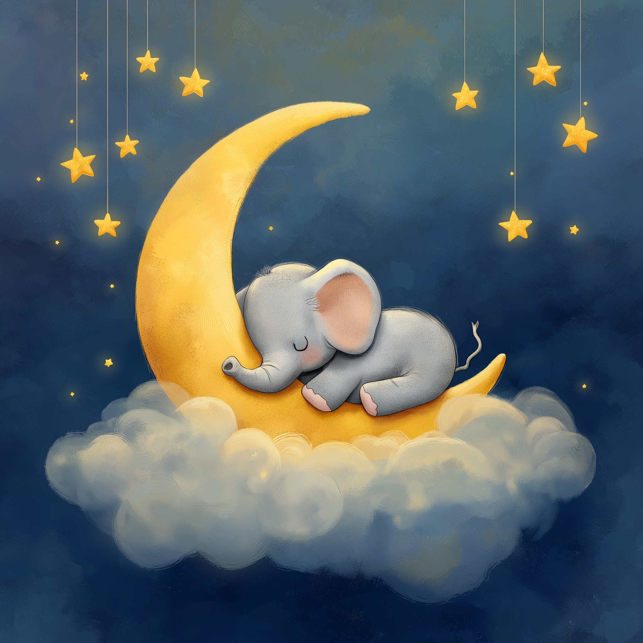 Dreamy Baby Elephant on Moon - Children's Art