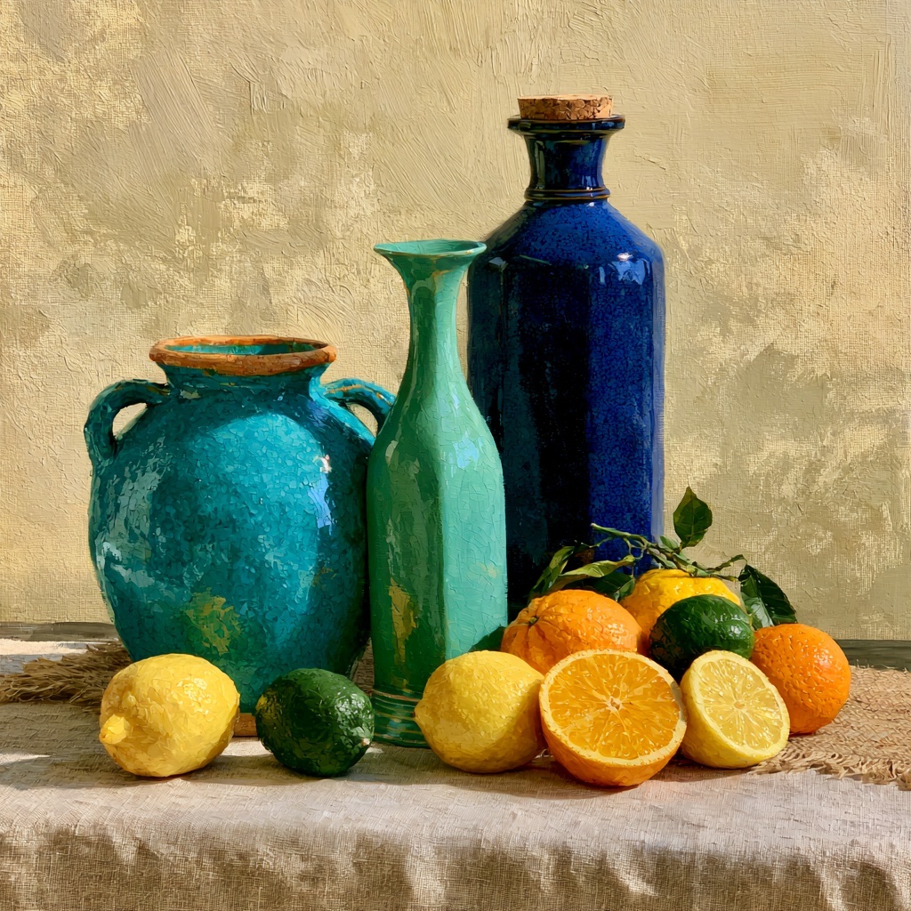 Citrus and Ceramics: A Serene Still Life Display