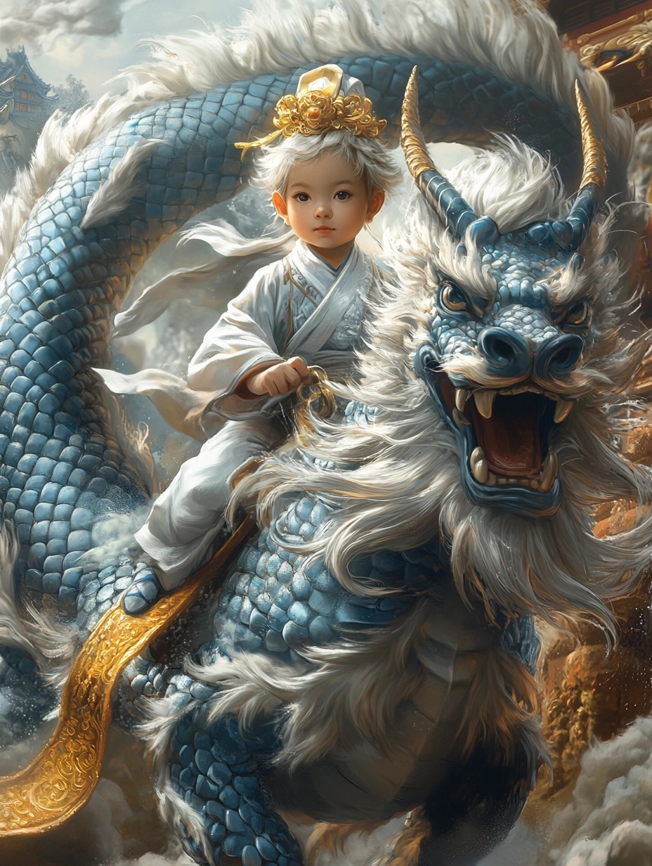 Chinese Baby Boy Rides Qilin: A Mythical Adventure