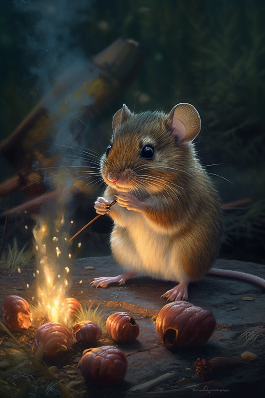 Hyperrealistic Baby Harvest Mouse Camping Scene